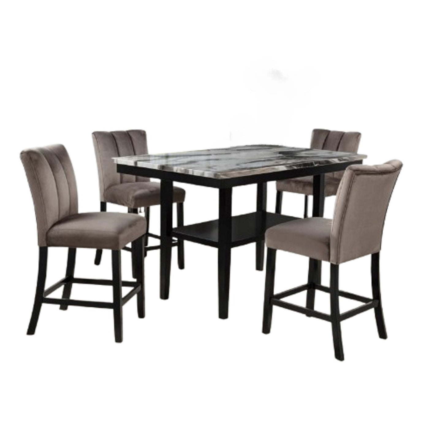 5 Piece Counter Dining Set Marble Top Black Base Brown Chairs