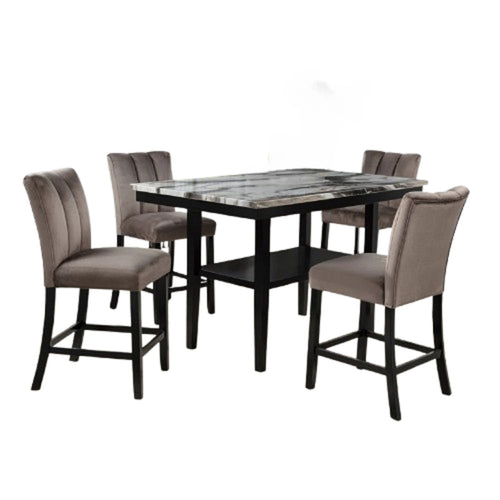 5 Piece Counter Dining Set Marble Top Black Base Brown Chairs