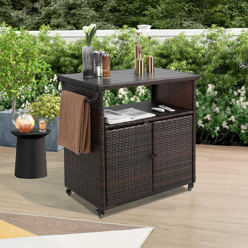 Outdoor Wicker Bar Cart, Patio Wine Serving Cart w/Wheels