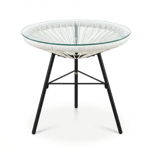 NUSA OUTDOOR SYNTHETIC WICKER GLASS-TOP SIDE TABLE, WHITE RATTAN