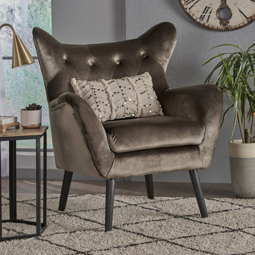 Accent Chair Mid-Century Wingback Velvet Tufted Gray Oak Frame 29x34x40 In