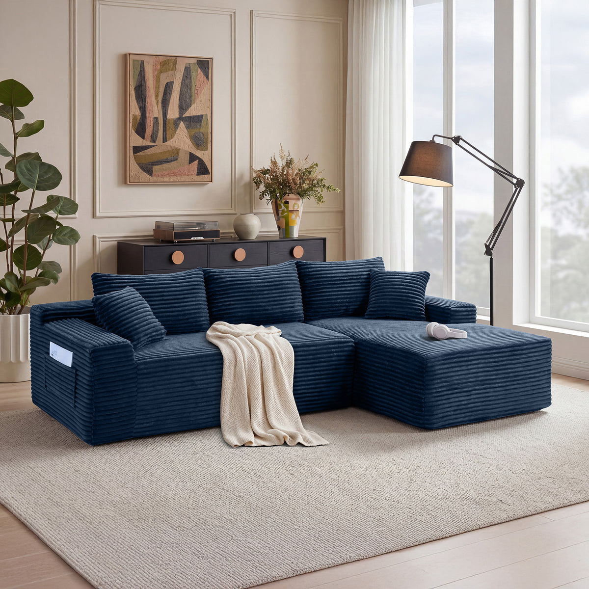 L-Shape Modular Corduroy Sectional Sofa with Chaise Blue 94"