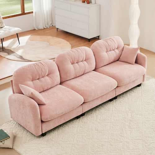 Sectional Sofa Modular Chenille Pink 3-Seat Tufted Pleated Cloud Style
