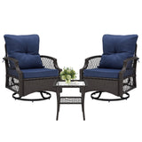 Outdoor Bistro Set Wicker Swivel Glider Navy Blue 3 Piece