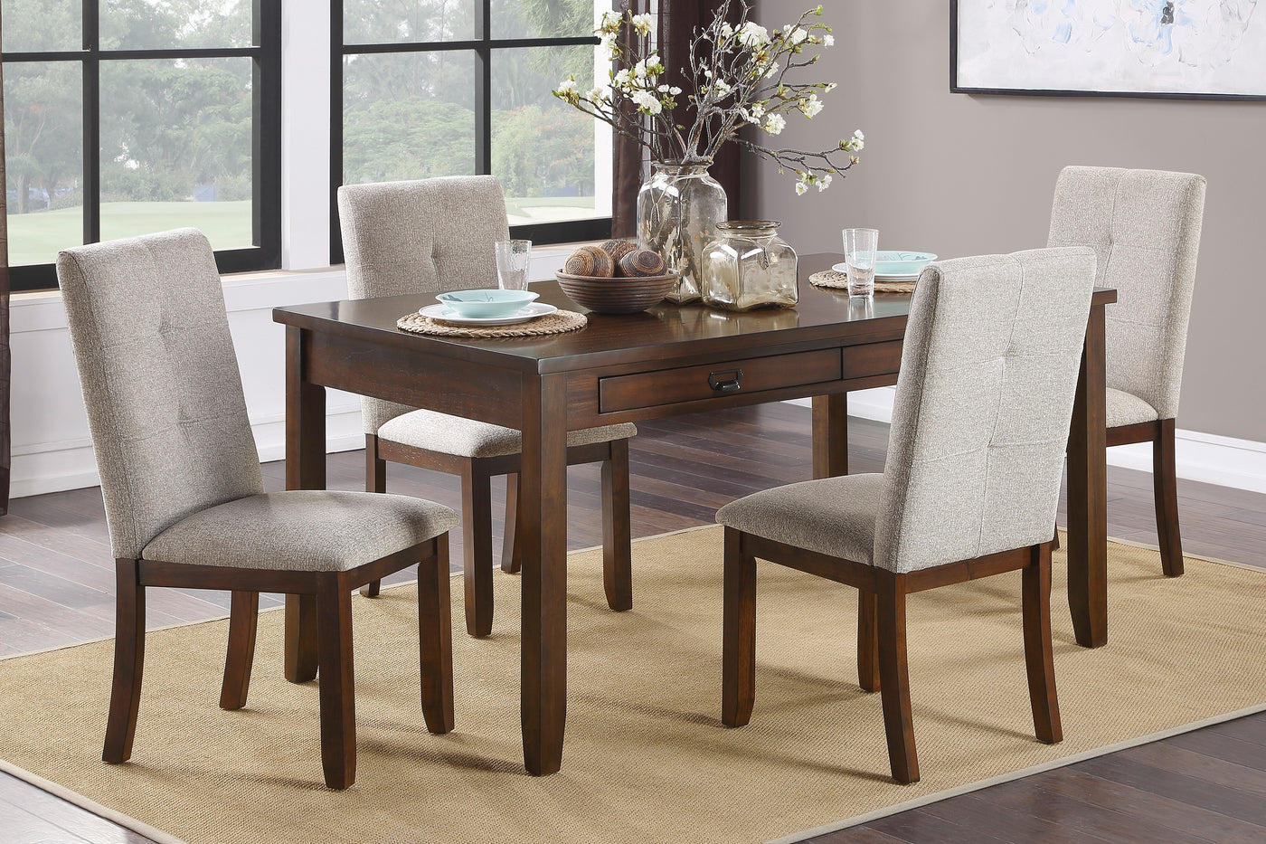 Dark Cherry 5-Piece Dining Set with Chenille Chairs