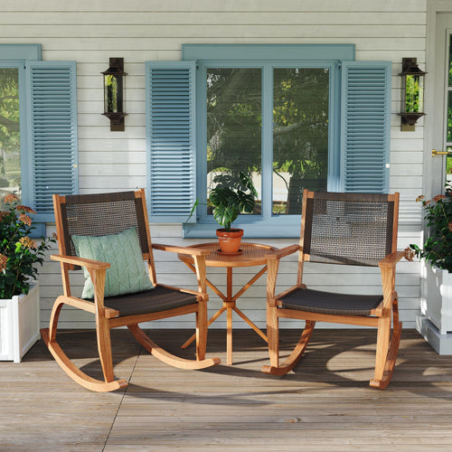 Outdoor Rocking Chair Acacia Wood Wicker Dark Brown Set 2