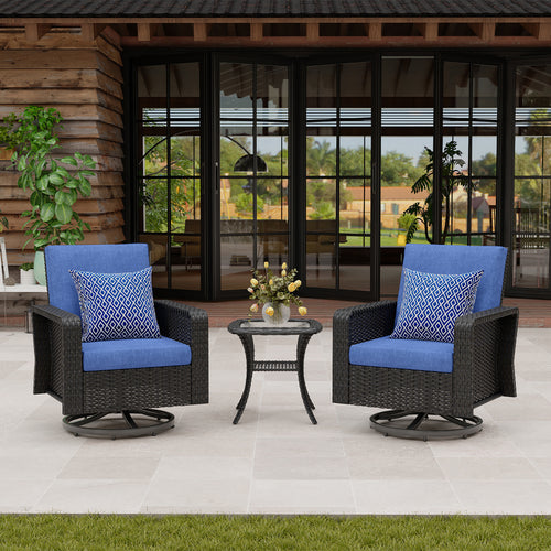 Outdoor Patio Set PE Rattan Swivel Chairs Blue Cushion