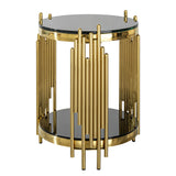 Round Side Table Black Tempered Glass Gold Steel Frame Living Room