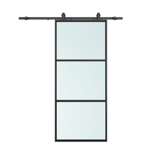 36x84 Full Lite Frosted Glass Black Steel Sliding Barn Door Kit