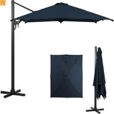 Black cantilever patio umbrella with a sturdy metal frame and matching storage cover