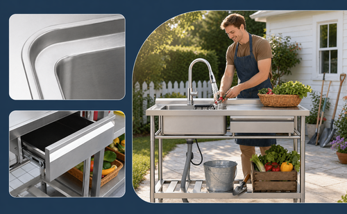 Utility Sink with Faucet, Stainless Steel, Single Bowl with a Storage Drawer
