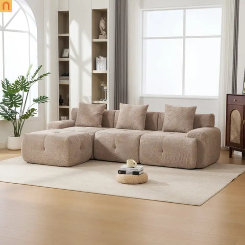 Sectional Sofa L-Shape Polyester Taupe 4 Seat Ottoman 3 Pillows 104 In