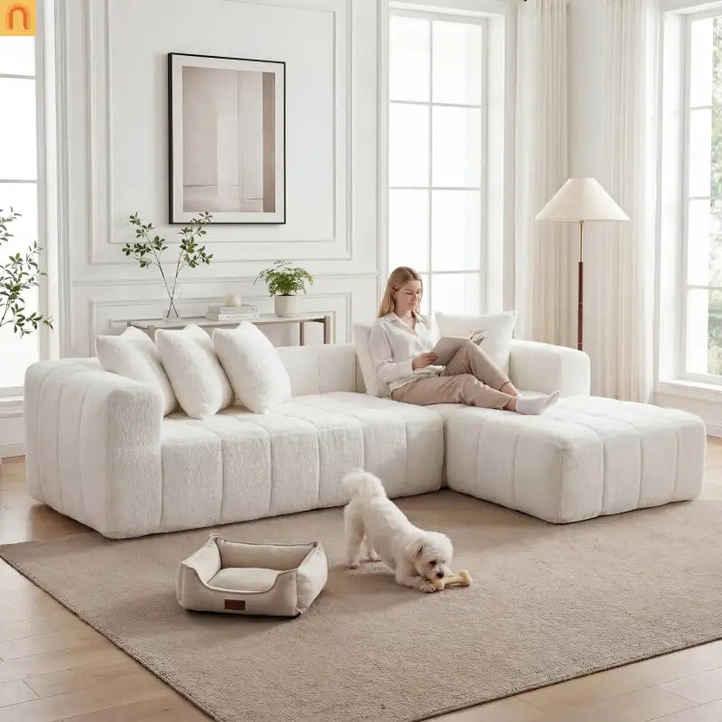 Sectional Sofa L-Shape Minimalist White 4 Seat 108 In No Assembly