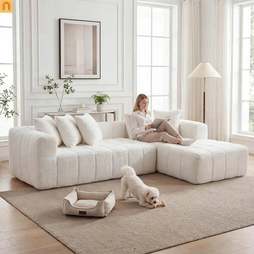 Sectional Sofa L-Shape Minimalist White 4 Seat 108 In No Assembly