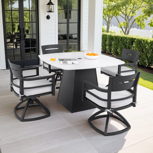 Outdoor Dining Set Aluminum Sintered Stone Black Squircle 5 Piece Swivel