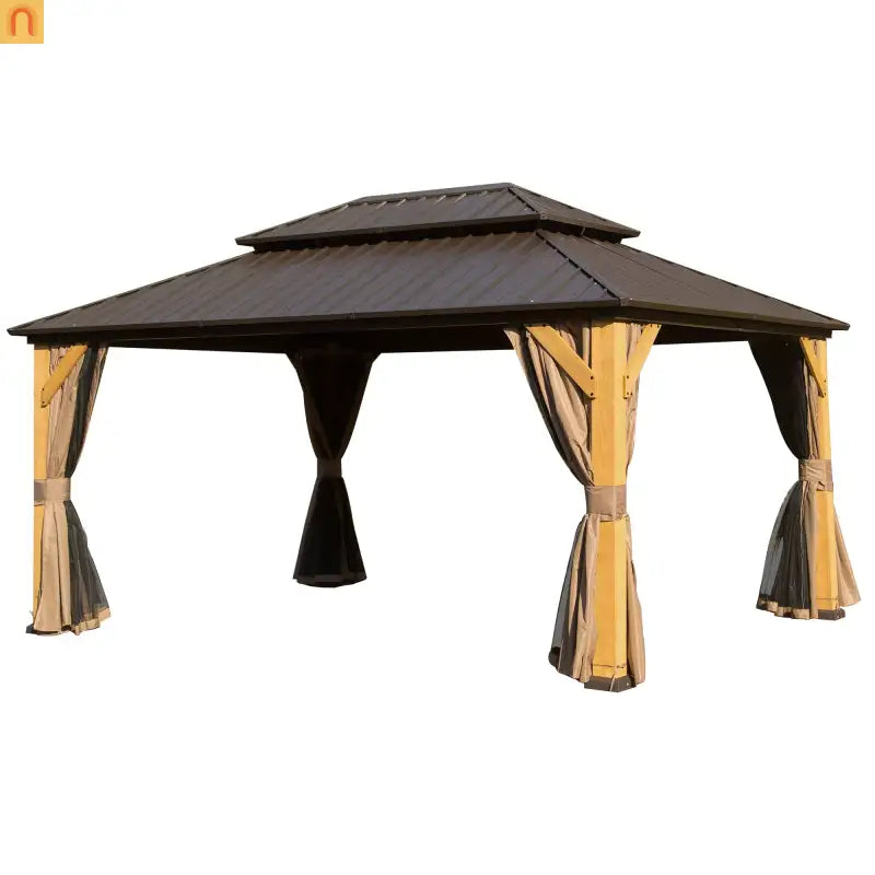 Hardtop Gazebo Cedar Wood Brown 10x14 ft with Curtains and Netting