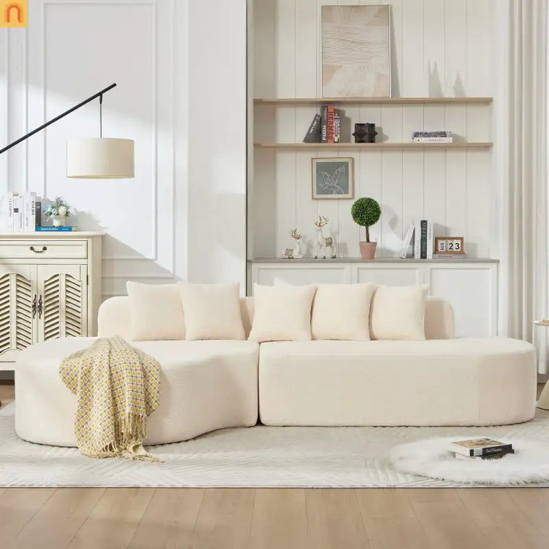 Sectional Sofa Curved Chaise Chenille Ivory 3 Seat 112 In 5 Pillows