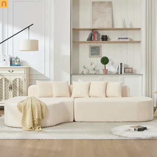 Sectional Sofa Curved Chaise Chenille Ivory 3 Seat 112 In 5 Pillows