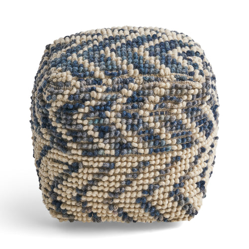 Alina Wool and Cotton Pouf Ottoman 16x16x16 Natural Blue