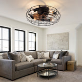 19-inch black wrought-iron cage-style ceiling fan light, featuring remote