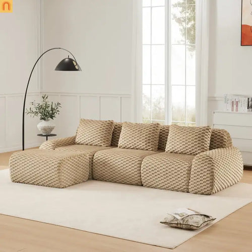 Sectional Sofa L-Shape Flannelette Light Camel 3 Seat with Ottoman