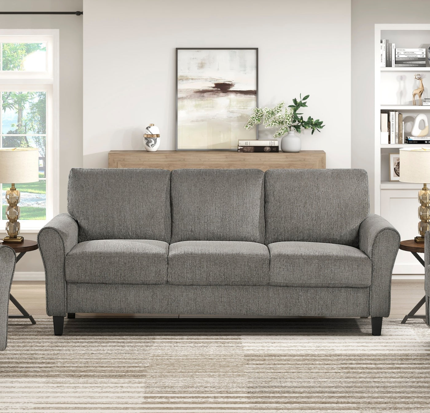 Brown Chenille Sofa with Rolled Arms Living Room Furniture