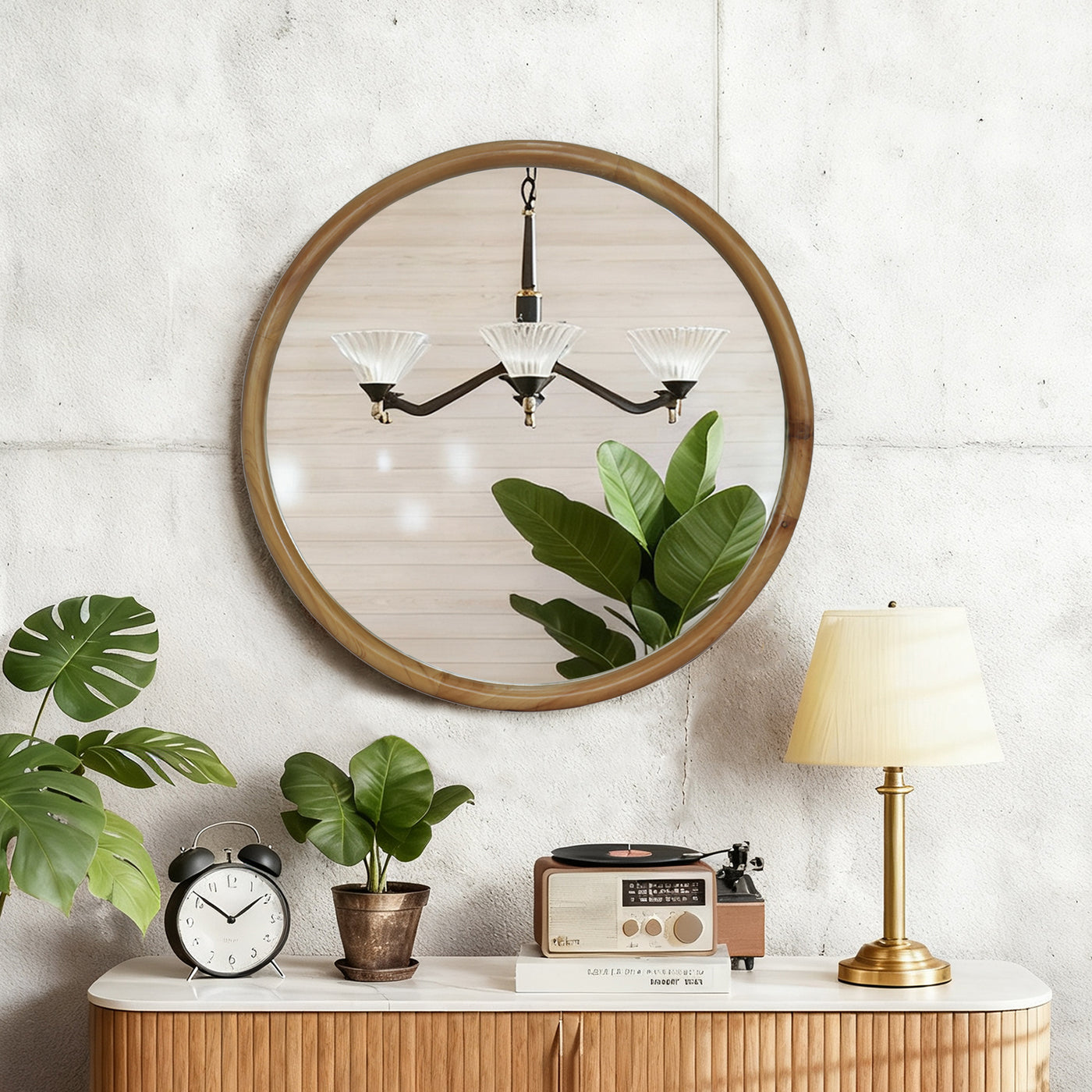Round Wood Framed Wall Mirror 27.56" Natural Circle