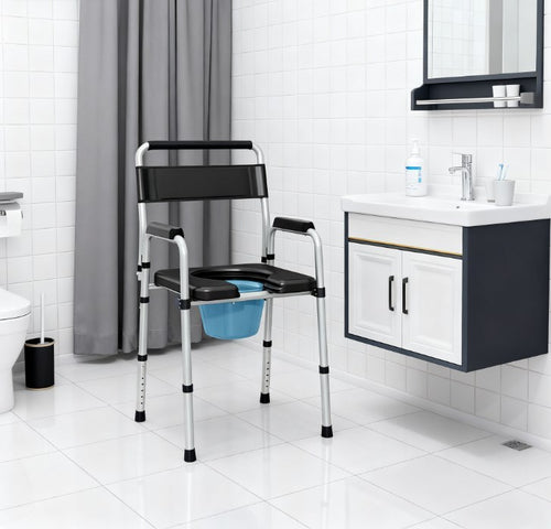 Commode Chair Adjustable 7-Level Steel Black 331 LB Foldable Removable Bucket