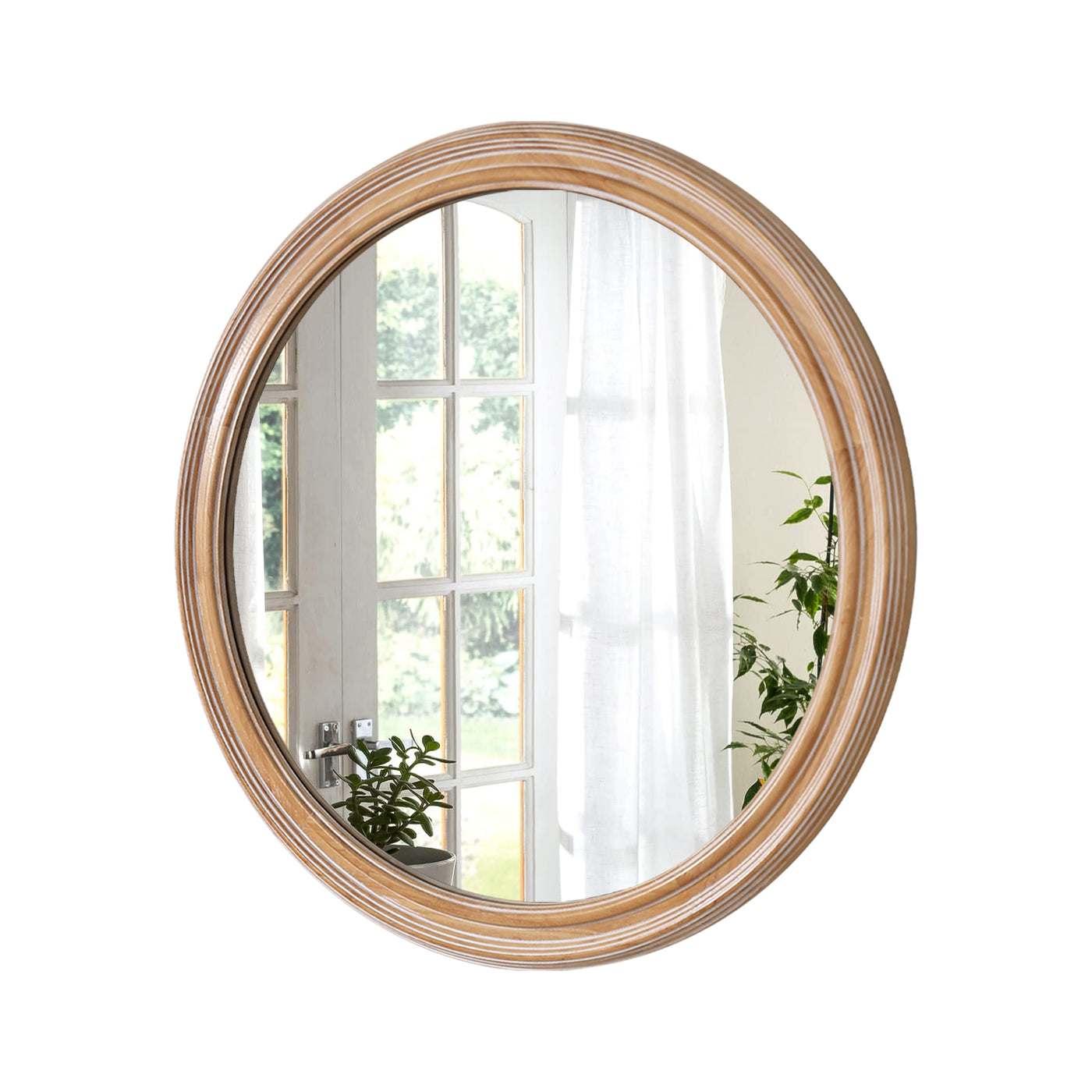 Natural Wood Round Wall Mirror 23.62" Coastal Farmhouse