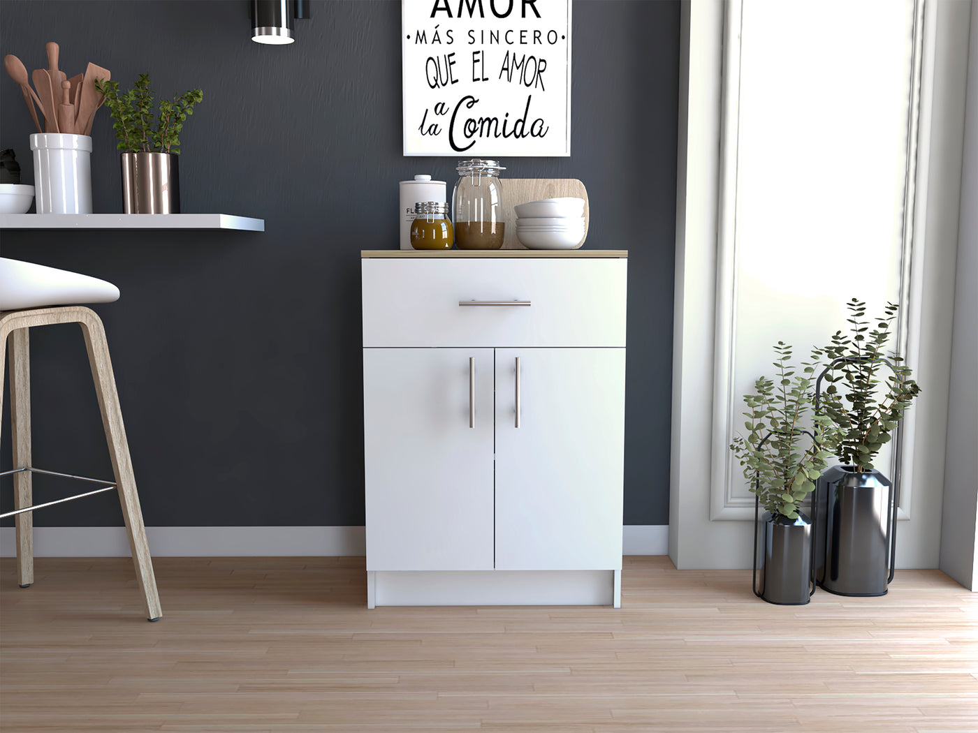 Mayorca White Light Oak Pantry Cabinet One Drawer Two Shelves