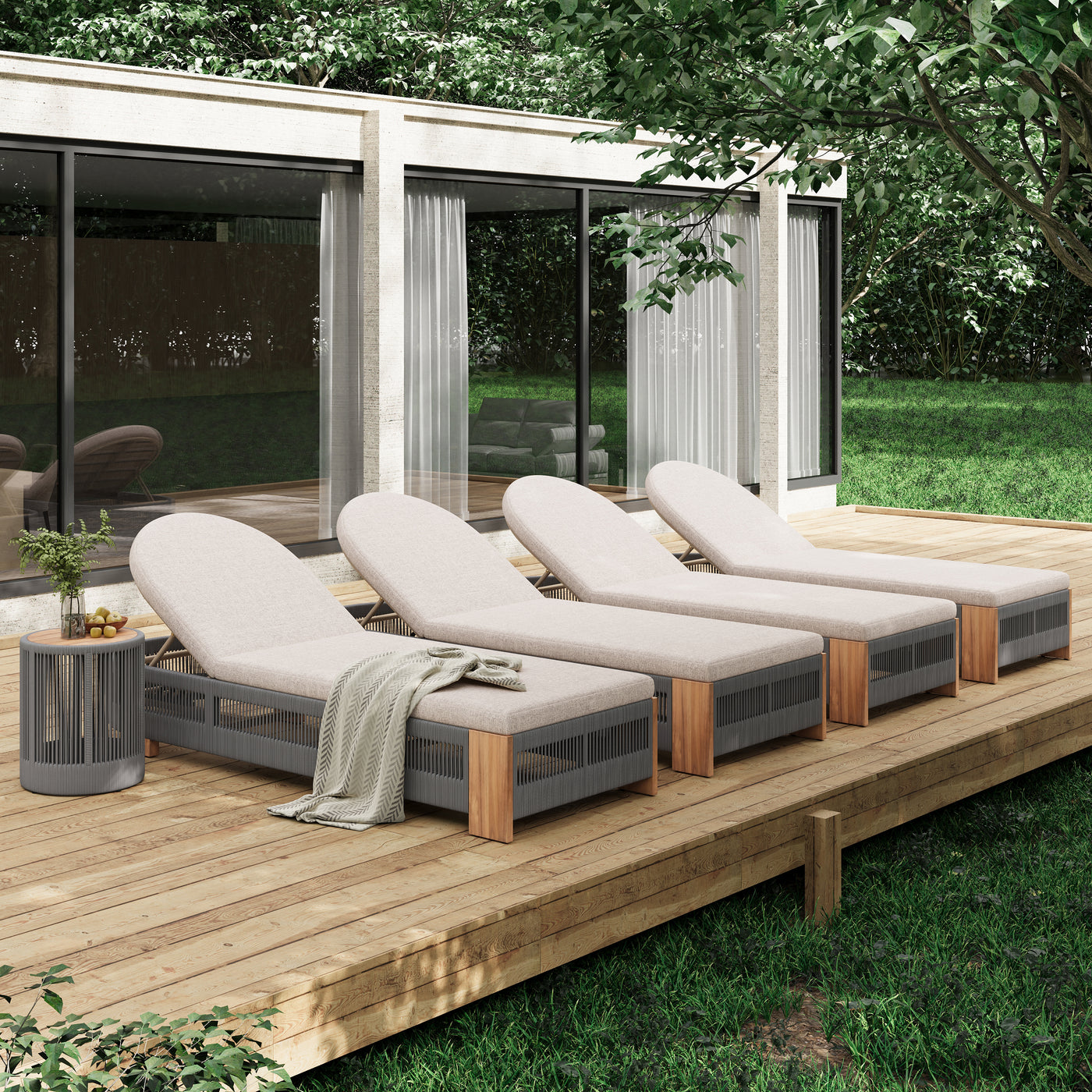 Outdoor Rope Lounge Set Acacia Wood Teak 4 Piece Adjustable Backrest