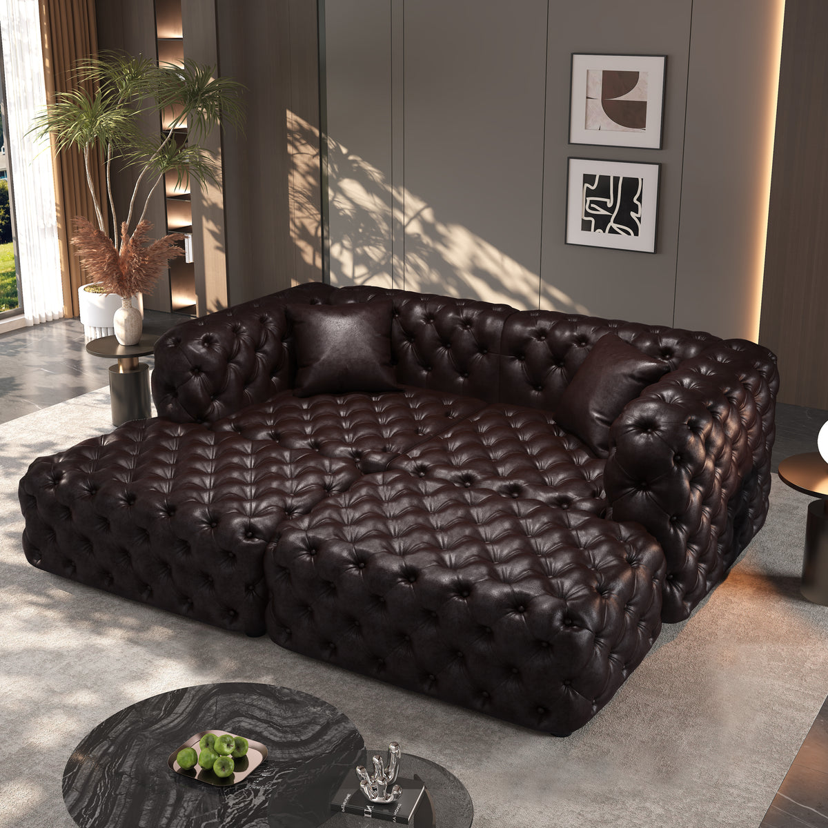 2-Seat Faux Leather Sofa with Ottoman Tufted Brown