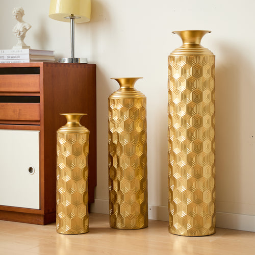 3-Piece Modern Gold Metal Floor Vase Set, Hexagon Textured