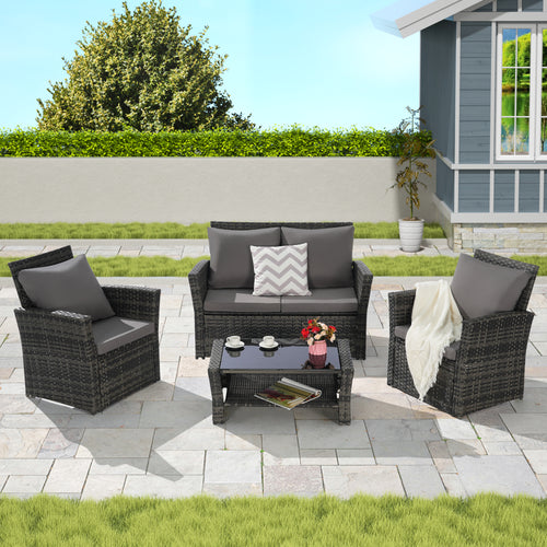 Outdoor Patio Set PE Rattan Steel Dark Gray 4 Piece Glass Seats 4