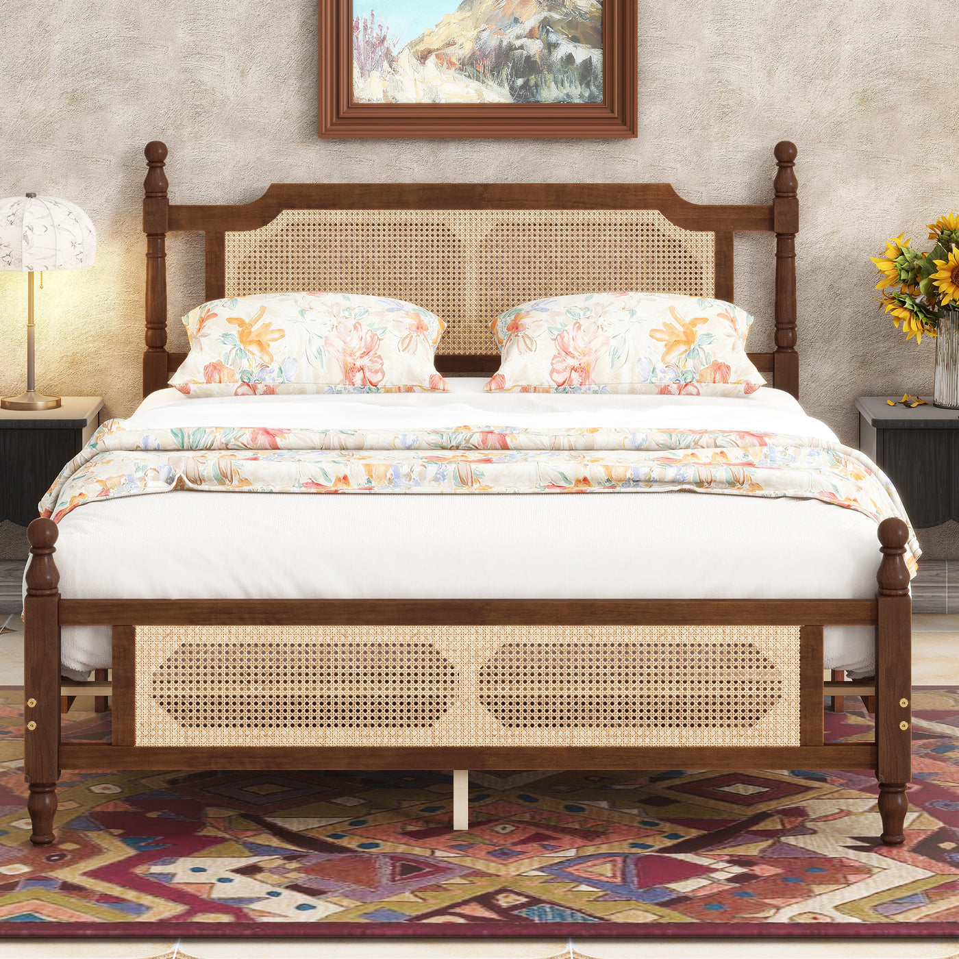 Queen Pine Bed Rattan Headboard Footboard Walnut