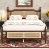 Queen Pine Bed Rattan Headboard Footboard Walnut