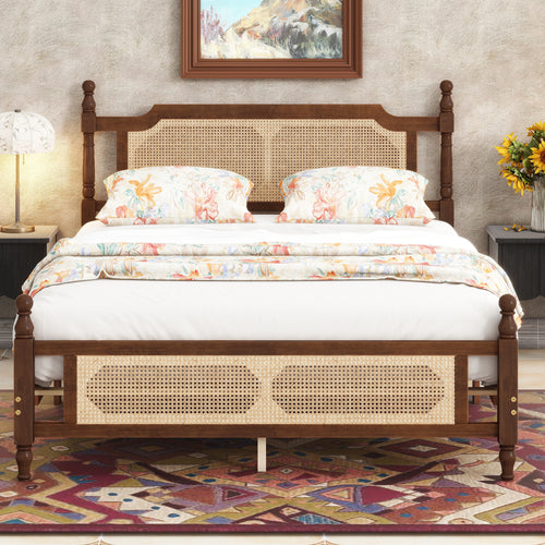 Queen Pine Bed Rattan Headboard Footboard Walnut