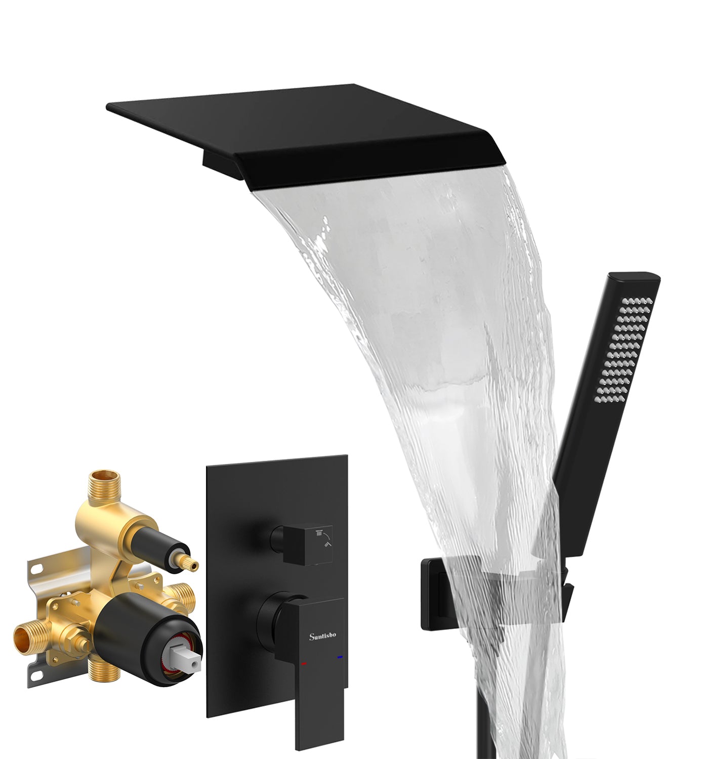 Matte Black Wall Mount Tub Shower Faucet Set with Hand Shower