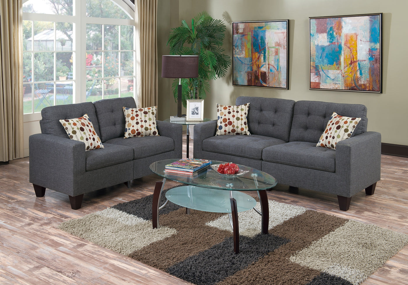 2pc Sofa Set Blue Grey Polyfiber Tufted Sofa Loveseat Pillows