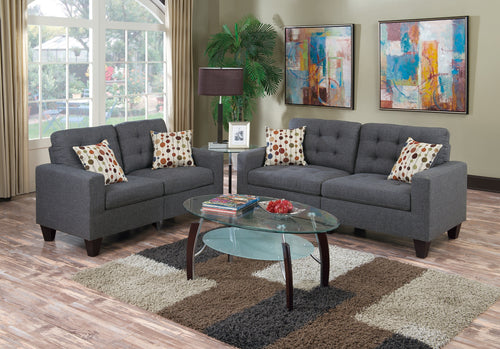 2pc Sofa Set Blue Grey Polyfiber Tufted Sofa Loveseat Pillows