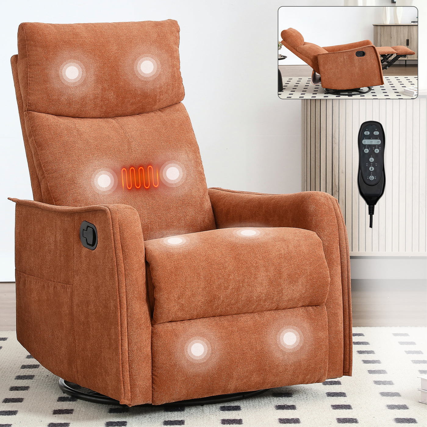 Recliner Chair Swivel Rocker Polyester Orange 360 Degree Heat Massage 155