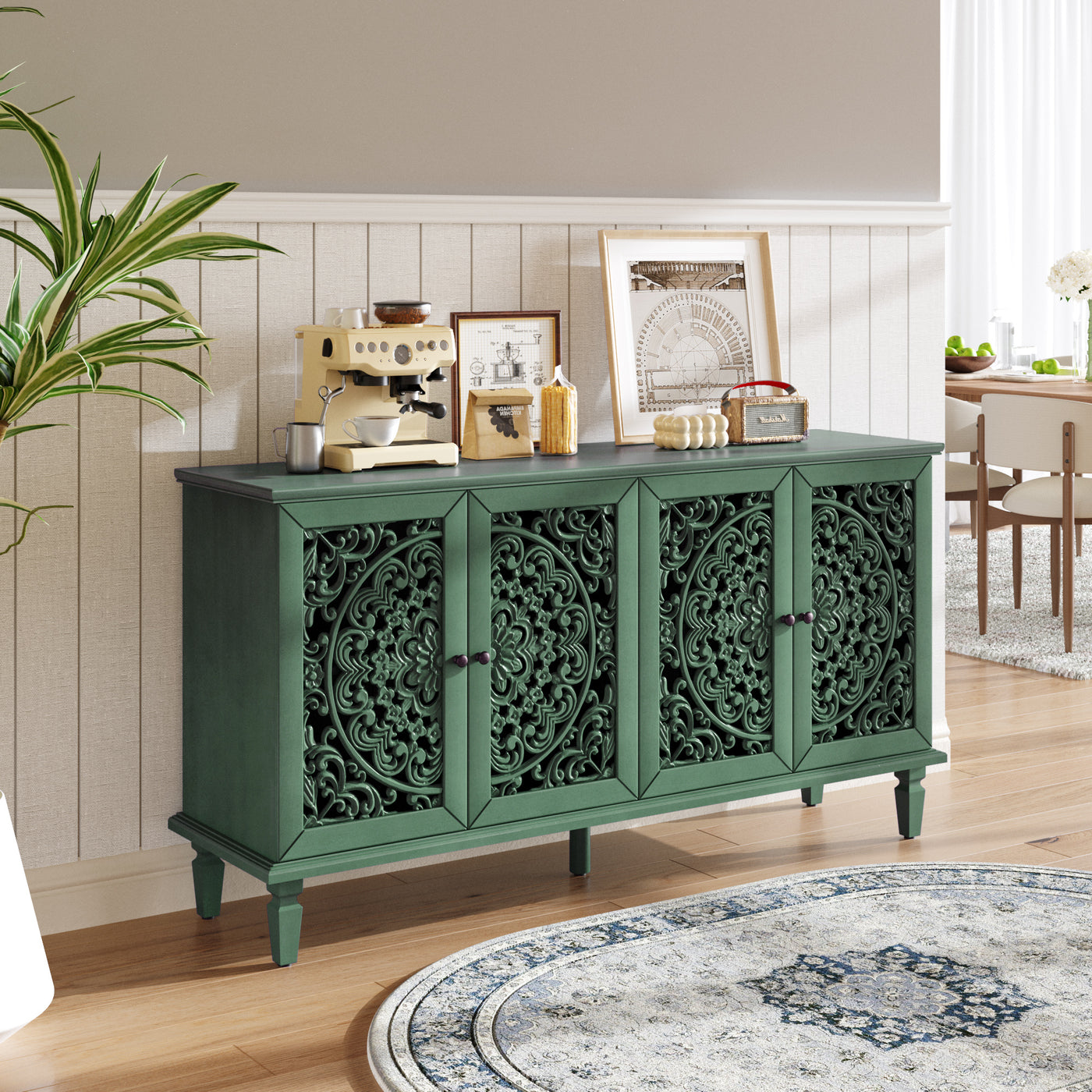 60" Antique Green Buffet Cabinet Solid Wood TV Stand Sideboard