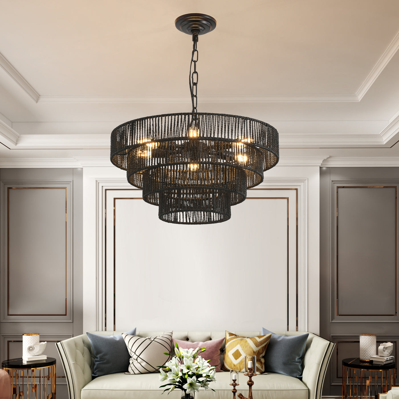 Chandelier 4-Tier Black Hemp Rope Pendant 6-Light Boho 20 In Dining