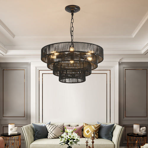 Chandelier 4-Tier Black Hemp Rope Pendant 6-Light Boho 20 In Dining