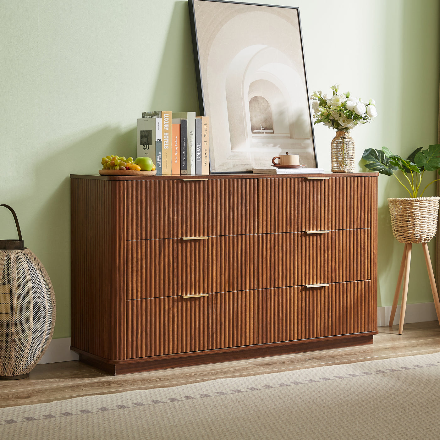 Dresser Modern 6-Drawer Walnut MDF Wave Texture 55.1x15.75x31.5 In 150 LB