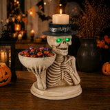 Halloween Skeleton Figurine with Storage Bowl & Candle Holder, Spooky Halloween