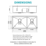 Double Bowl (60/40) Undermount Kitchen Sink- 36"x19"x10" Gunmetal Black 16 Gauge