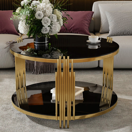 Modern Black Mirror Coffee Table Asymmetrical Metal Drum Base