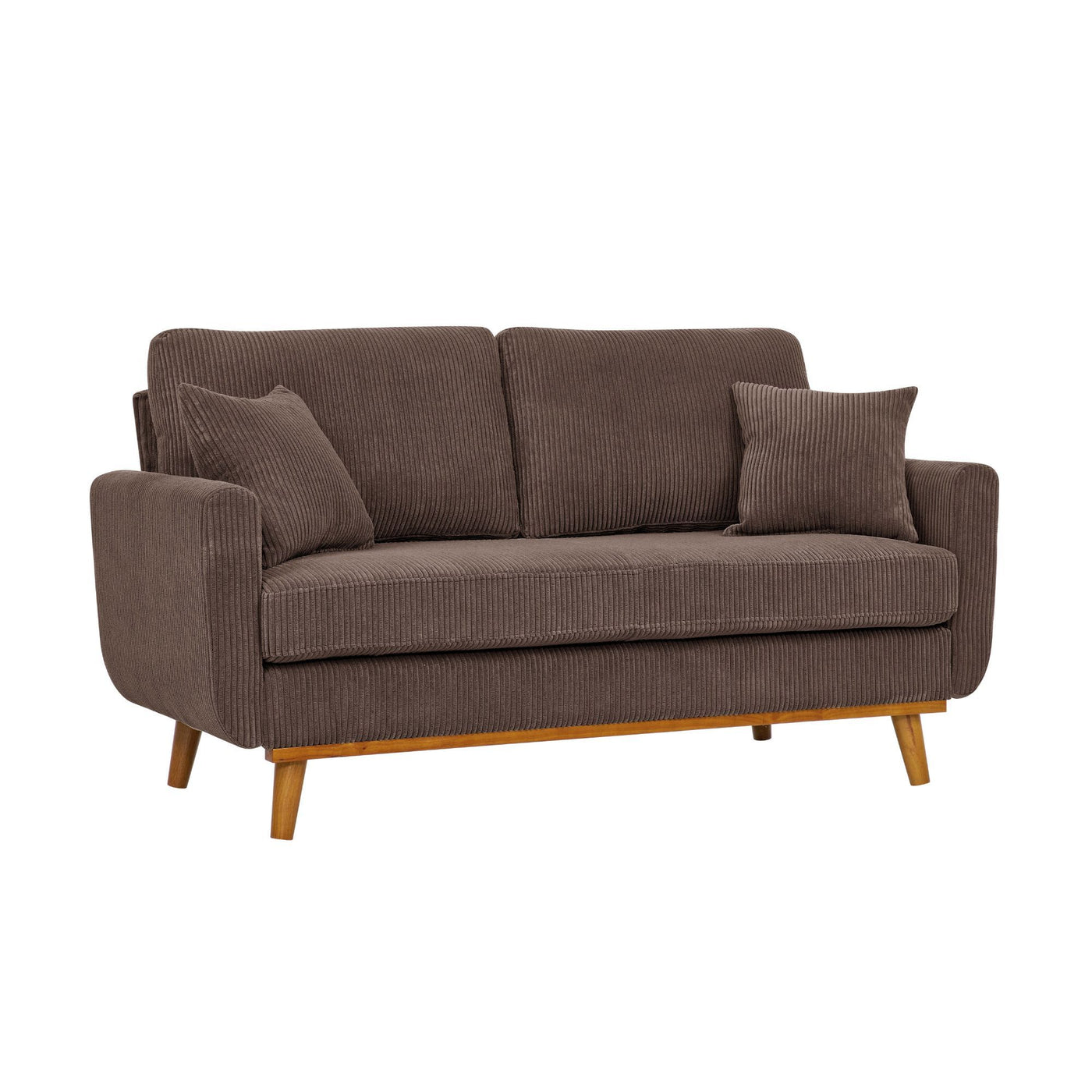 Dark Brown Corduroy Upholstered Wooden Frame Loveseat with Arms and Toss Pillows