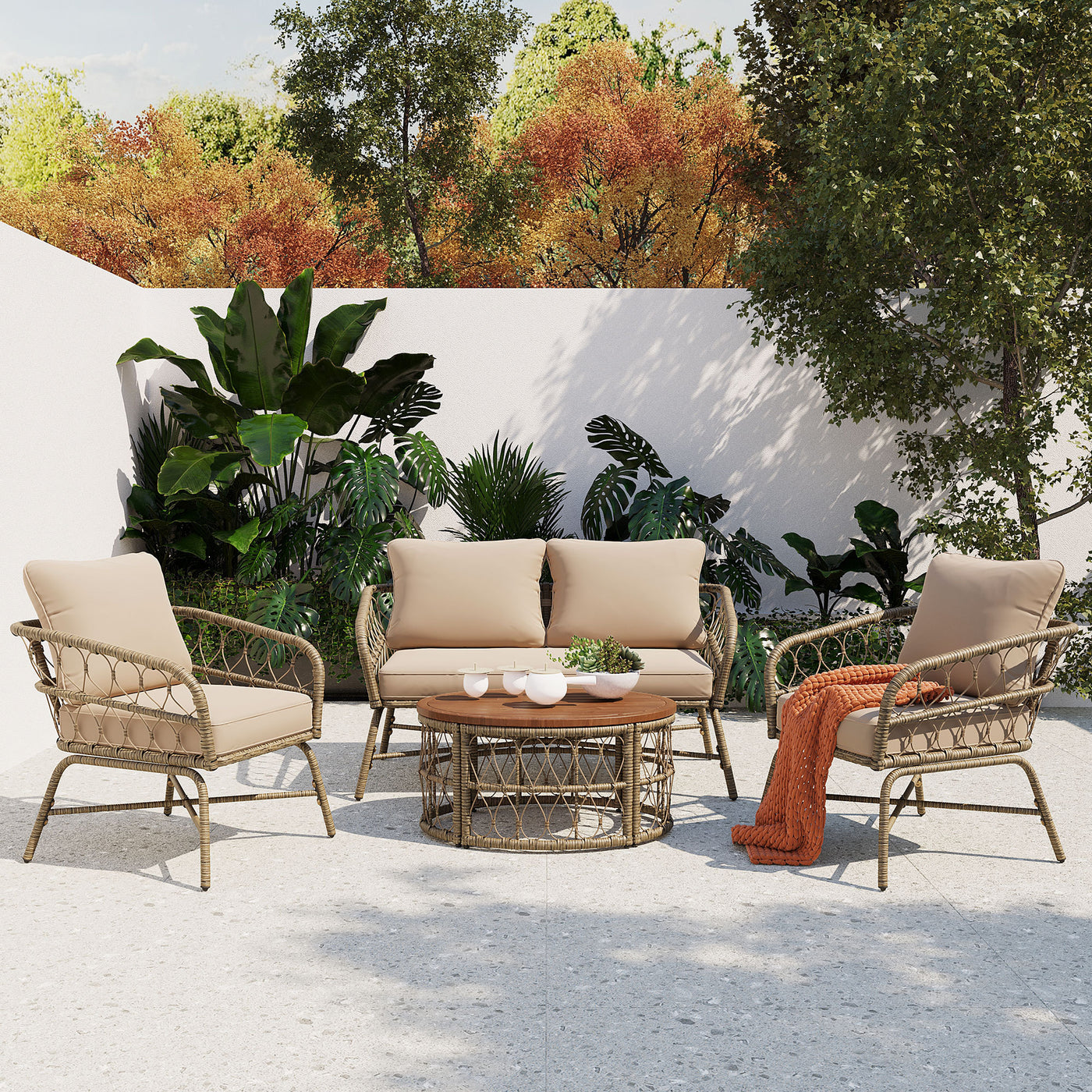Outdoor Patio Set Wicker Boho Beige Cushion Oval Acacia Table 4 Piece